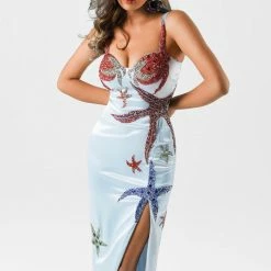 Jessica Bara Lindsi Satin Rhinestone Starfish Maxi Dress