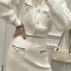 Jessica Bara Hadlee Fuzzy Cropped Cardigan Top And Skirt Three Piece Set