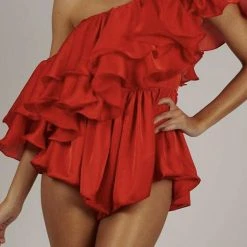 Jessica Bara Pixel One Shoulder Ruffle Romper Influencer Style