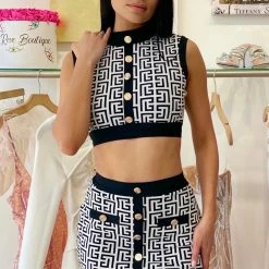 Best Sellers Jessica Bara Chandler Button Printed Crop Top And Skirt Two Piece Set