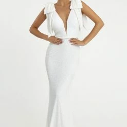 Nicole Bakti Shoulder Bow Sequins Gown
