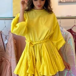 Summer Lovin' Jessica Bara Peggy Pleated Long Sleeve Belted Mini Dress