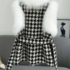Reve Doll Essentials Jessica Bara Aurora Fur Belted Wool Houndstooth Vest