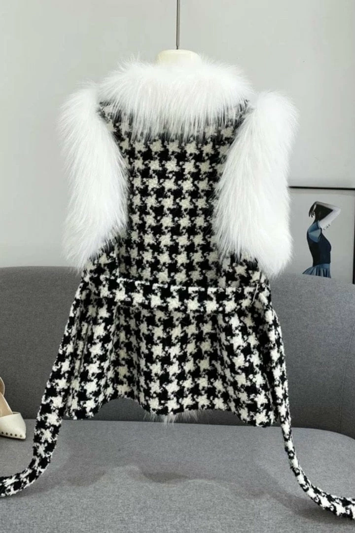 Reve Doll Essentials Jessica Bara Aurora Fur Belted Wool Houndstooth Vest