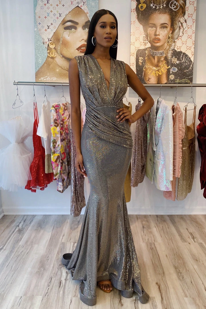 Jessica Bara Stacie Glitter V Neck Bodycon Gown