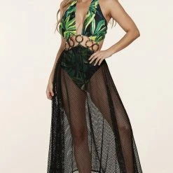 Influencer Style Jessica Bara Nori Tropical Print Halter Neck Maxi Cover Up