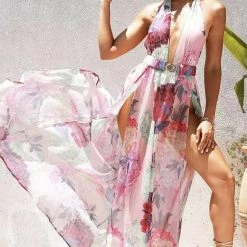 Influencer Style Jessica Bara Roseanna Halter Neck Split Leg Maxi Cover Up