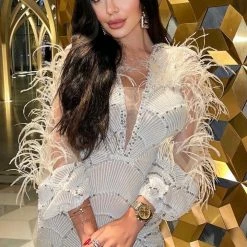 Jessica Bara Delilah Long Sleeve Feather Beaded Party Dress