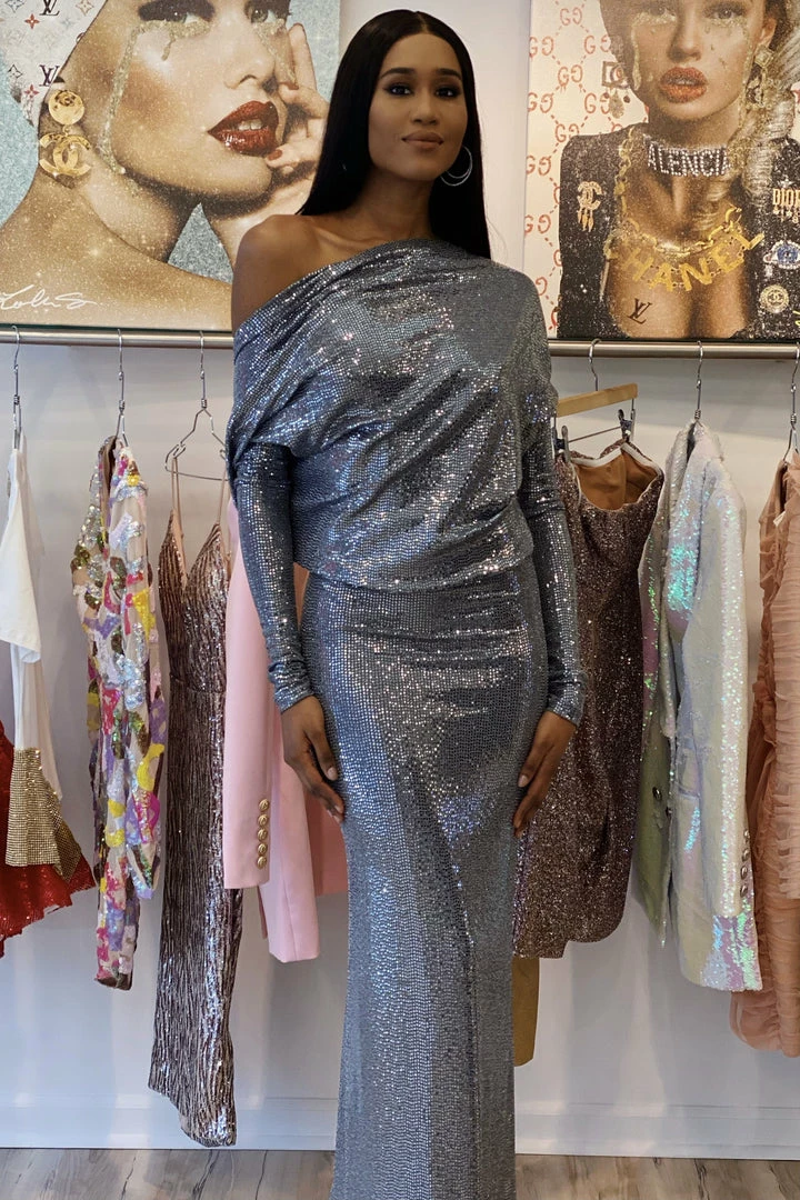 Influencer Style Jessica Bara Amanie Long Sleeve 3 Way Glitter Gown