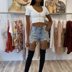 Reve Doll Essentials Jessica Bara Blythe High Waisted Rhinestone Denim Shorts