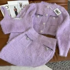 Jessica Bara Hadlee Fuzzy Cropped Cardigan Top And Skirt Three Piece Set