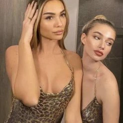 Jessica Bara Sahara Leopard Metal Chain Mini Dress Birthday Suit