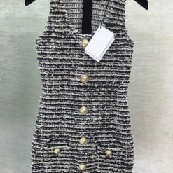 Jessica Bara Corey Tweed Gold Button Mini Dress