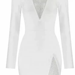 Influencer Style Jessica Bara Claudine Long Sleeve Bandage Crystal Party Dress