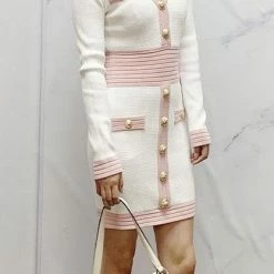 Jessica Bara Clarabella Knit Colorblock Gold Button Dress Reve Doll Essentials