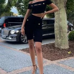 Reve Doll Essentials Jessica Bara Bianca Gold Button Crop Top And Biker Short Two Piece Set