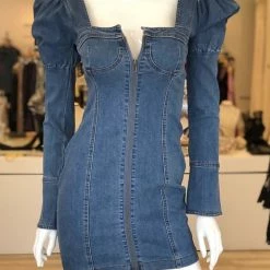 Influencer Style Jessica Bara Francine Puff Shoulder Denim Mini Dress