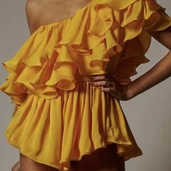 Jessica Bara Pixel One Shoulder Ruffle Romper Influencer Style