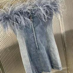 Jessica Bara Asherah Off The Shoulder Feather Denim Mini Dress Birthday Suit