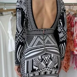 The Event Shop Jessica Bara Ursula Jacquard Long Sleeve Open Back Dress
