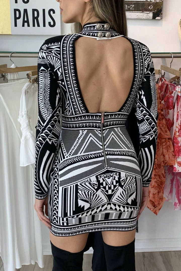 The Event Shop Jessica Bara Ursula Jacquard Long Sleeve Open Back Dress
