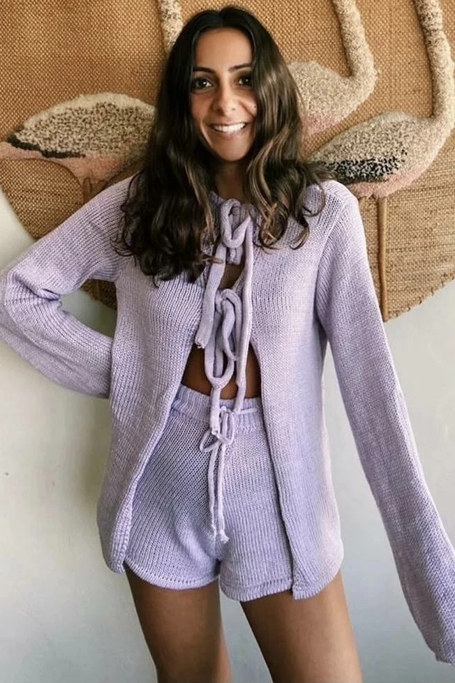 Jessica Bara Lennox Reversible Knit Top And Short Two Piece Set Long Sleeves