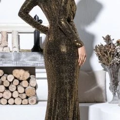 Jessica Bara Sloan Long Sleeve V Neck Glitter Gown