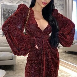 Influencer Style Jessica Bara Milania Long Sleeve V Neck Leopard Mini Dress
