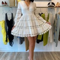 Jessica Bara Violy Floral Crochet Long Sleeve Mini Dress