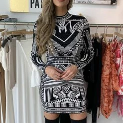The Event Shop Jessica Bara Ursula Jacquard Long Sleeve Open Back Dress