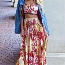 Jessica Bara Melina Crop Top And Pleated Maxi Skirt Two Piece Set