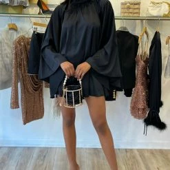 Jessica Bara Rafaela Backless Long Sleeve Silk Mini Dress