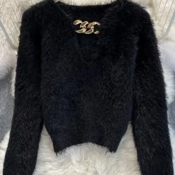 Jessica Bara Kellen Long Sleeve Fuzzy Chain Top Tops