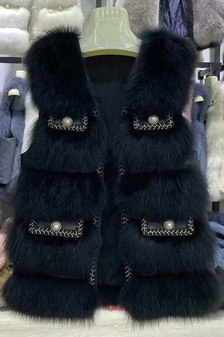 Jessica Bara Anders Pearl Embellished Fur Vest