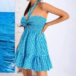 Jessica Bara Sailor Halter Neck Gingham Mini Dress Dresses