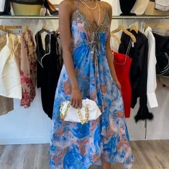 Kareena French Riviera Halter Neck Embellished Maxi Dress