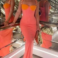 Jessica Bara Kateryna Bodycon Colorblock Gold Button Gown The Event Shop