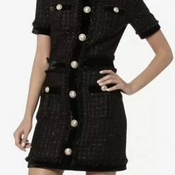 Jessica Bara Lena Tweed Gold Button Mini Dress