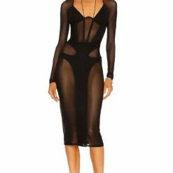 Jessica Bara Anwar Long Sleeve Mesh Midi Dress Birthday Suit
