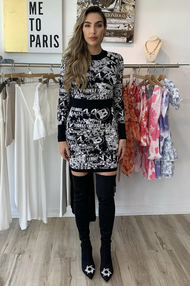 The Event Shop Jessica Bara Ursula Jacquard Long Sleeve Open Back Dress