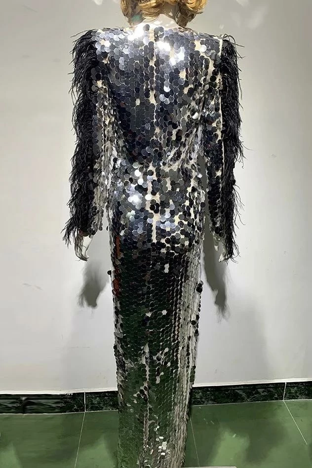 Influencer Style Jessica Bara Azariah Long Feather Sleeve Sequin Gown