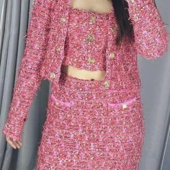 Influencer Style Jessica Bara Lena Tweed Tweed Blazer Top And Skirt Three Piece Set