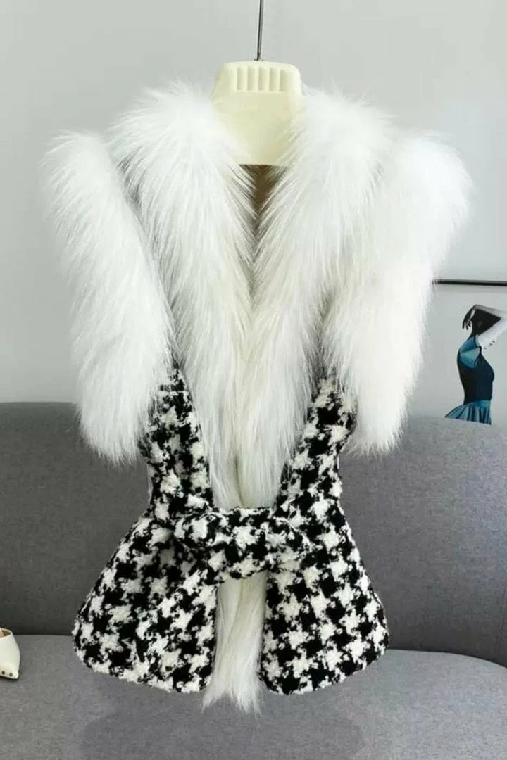 Reve Doll Essentials Jessica Bara Aurora Fur Belted Wool Houndstooth Vest