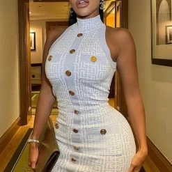 Influencer Style Jessica Bara Robyn Sleeveless Gold Button Mini Dress