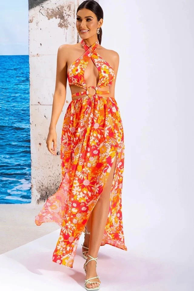 Jessica Bara Klara Floral Halter Cut Out Maxi Dress