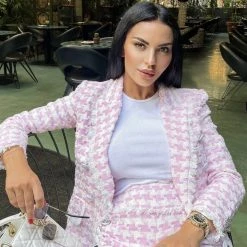 Jessica Bara Aubrielle Houndstooth Tweed Blazer Influencer Style