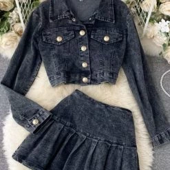Jessica Bara Leighton Denim Jacket And Skirt Two Piece Set