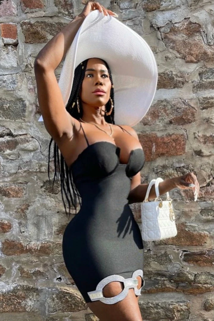 Jessica Bara Sylvana Bandage Rhinestone Chain Link Mini Dress Influencer Style