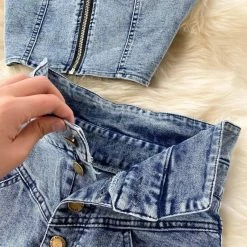 Jessica Bara Zayden Denim Crop Top And Skirt Two Piece Set