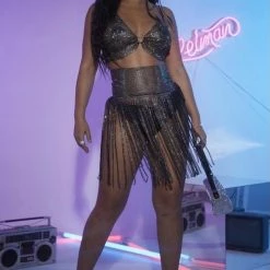 Jessica Bara Velora Rhinestone Top And Fringe Skirt Two Piece Set Birthday Suit